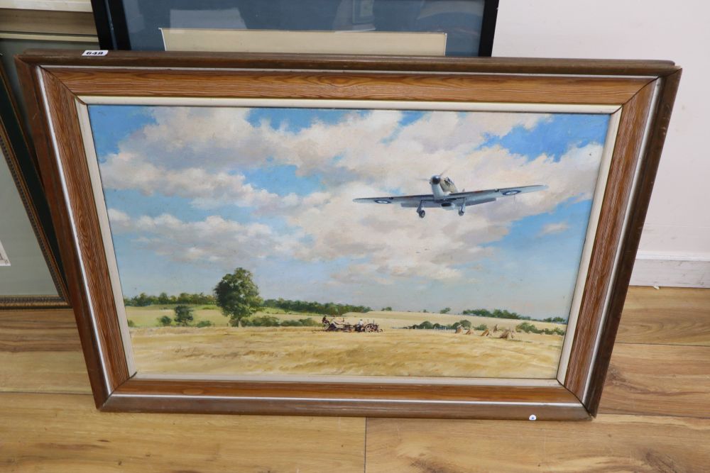 John Young (1930-), oil on canvas, Harvest 1940, Exhibited Guild of Aviation Artists 1974, signed, 50 x 75cm